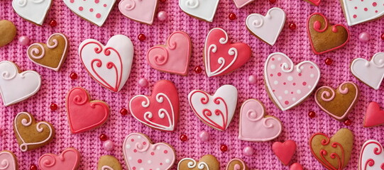 Background of gingerbread hearts on pink fabric. Valentine's Day Wallpapers. Wide Banner Panoramic