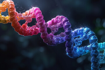 A strand of DNA is depicted in a rainbow of colors, appearing almost like a piece of jewelry. The image has a dark blue background.