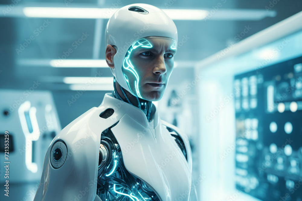 Poster futuristic surreal cyborg high tech smart innovated robot from the future designed with generative a