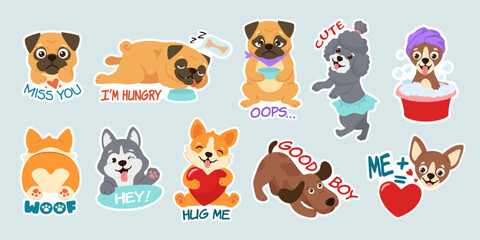 Funny cartoon dog stickers. Adorable puppy characters, cute pug and good boy pet vector illustration set