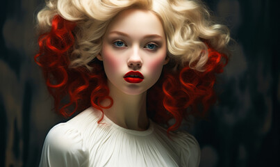 Baroque-inspired Portrait of a Pale Young Woman with Voluminous White Curls and Striking Red Lips, Timeless Elegance