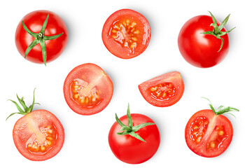 cherry tomatoes whole and halves on a white isolated background, top view - obrazy, fototapety, plakaty