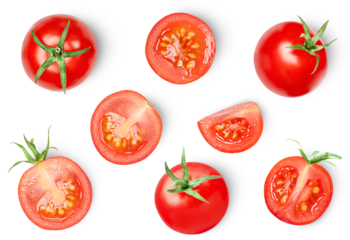 cherry tomatoes whole and halves on a white isolated background, top view