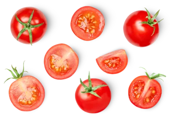 Fotobehang cherry tomatoes whole and halves on a white isolated background, top view © Ирина Гутыряк