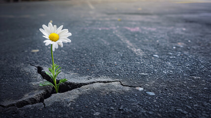 Concept with a daisy flower growing from a crack in the asphalt in the city center.