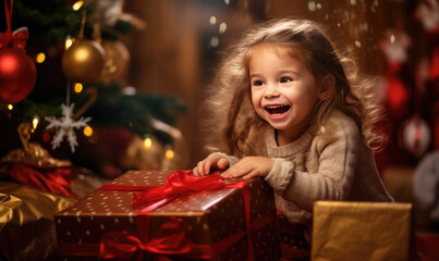 Happy cute girl is surprised in opening his christmas presents