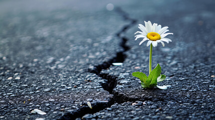 Concept with a daisy flower growing from a crack in the asphalt in the city center. - obrazy, fototapety, plakaty