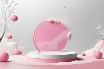 Pink podium Glossy 3D Pink Stage decorated powder splashes for product display Acrylic on a Pink Background.

