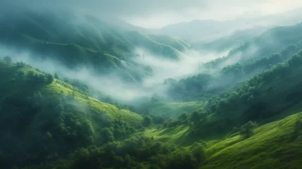 Fotobehang Mist danced over the emerald hills, veiling the landscape in an enchanting cloak of morning dew.  © AI By Ibraheem