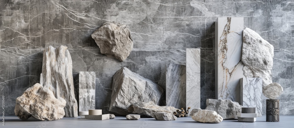 Poster 3d rendering of rough rock shapes, debris slabs as product display on grungy marble stone wall.