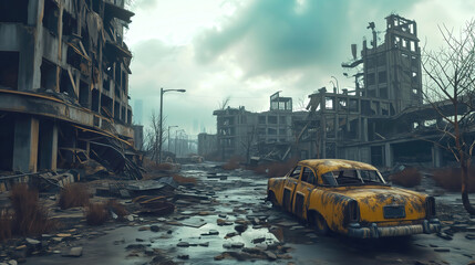 Post apocalyptic landscape with ruined city after nuclear war.