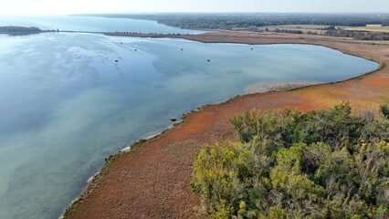 Drone Aerial landscape of Cayuga Finger Lake North end glacier lake in up state New York