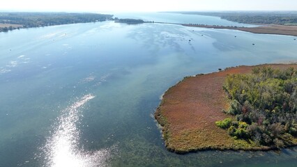 Drone Aerial landscape of Cayuga Finger Lake North end glacier lake in up state New York