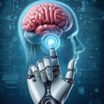 Robot hand touching a human brain, depiction of machine learning deep learning , data science 