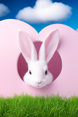 Obraz premium A white rabbit sticks his head and ears out of a hole. Easter cute bunny on a pastel color background. Seasonal spring and easter greeting card and background.