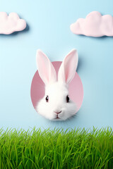 A white rabbit sticks his head and ears out of a hole. Easter cute bunny on a pastel background with green grass. Seasonal spring and easter greeting card and background.