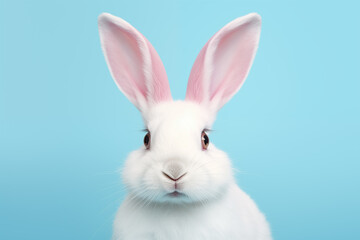 A white rabbit on a pastel blue background. Easter cute bunny. Seasonal spring and easter greeting card and background.