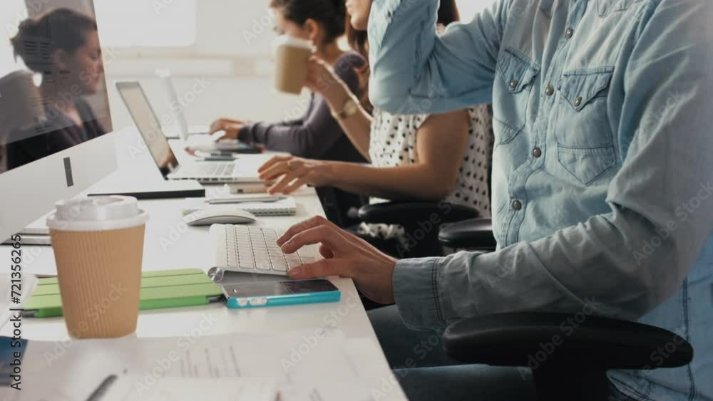 Poster Computer, hands and typing with business people, keyboard and closeup with deadline and research for a project. Staff, group or coworkers with connection and website information with teamwork or tech