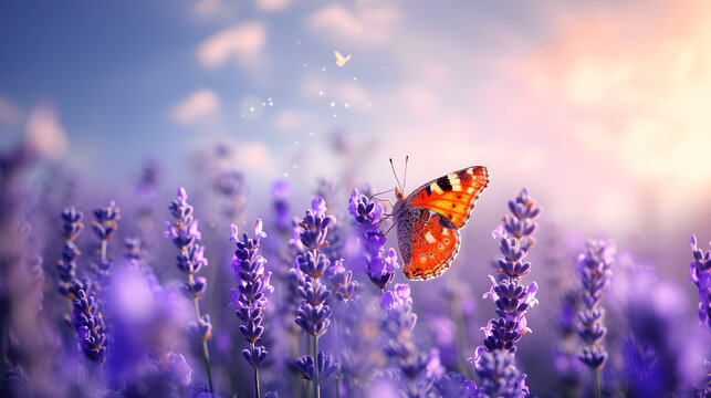 A beautiful red butterfly sits on a beautiful lavender flower in a lavender field