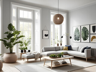 Table against the white large sofa and wall with paintings and flowers aside. A modern house interior design.