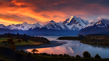 Fototapeta na wymiar Epic Grandeur of Sunset over Majestic Mountain Range: A Symphony of Light and Shadows