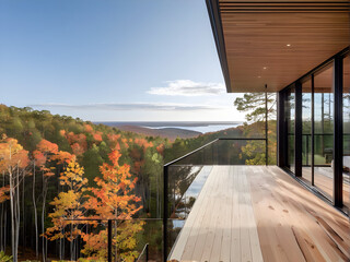Fototapeta premium Terrace with green forest view. A modern home design of natural beautiful view.