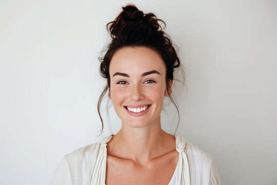 Portrait Of A Young Smiling Australian Woman In White Background , Short Light Effect