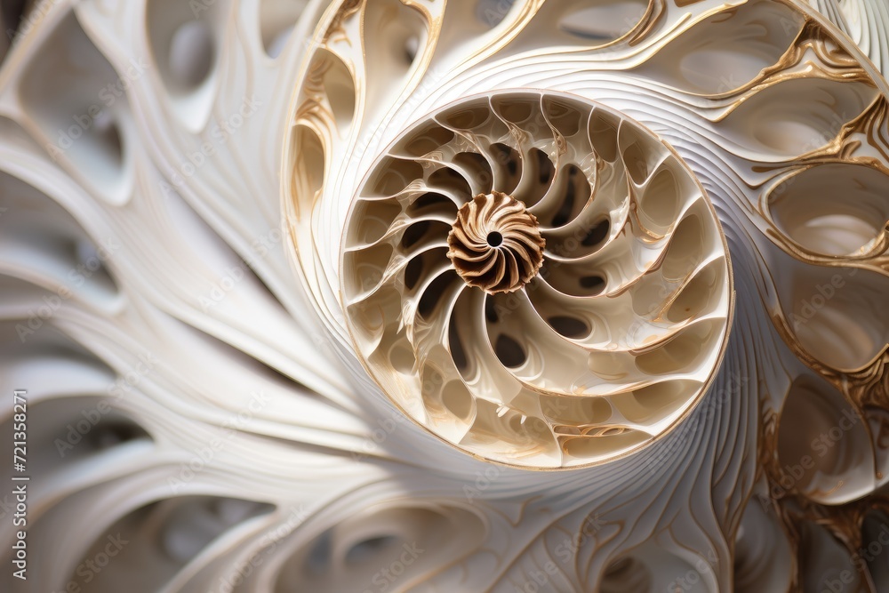 Poster this image showcases a detailed view of a spiral shaped object in a straightforward manner., nautilu