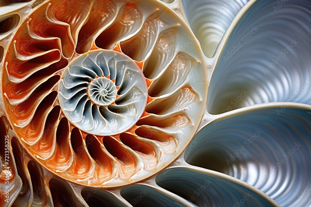 Poster a detailed view of a spiral shaped object, highlighting its intricate design and pattern., nautilus 