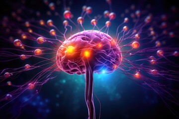 See the complex neural network of the human brain in this computer-generated image., Nervous system in the human brain is powered by artificial intelligence, AI Generated