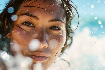Obraz premium Close-up of an Asian Teen Girl Surfing