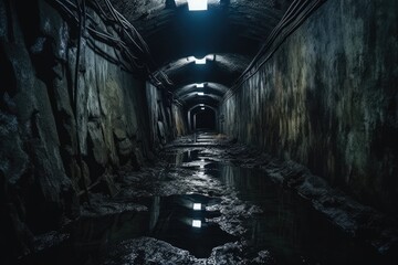 A Dark Tunnel With a Light at the End, A Symbolic Representation of Hope and Transformation, Old urban underground tunnel, abandoned dark scary passage like sewer, AI Generated