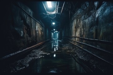 A captivating image depicting a dimly lit tunnel that leads to a radiant light at the end., Old...
