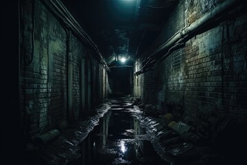 A deserted and dimly lit alleyway leading to a still water puddle at the far end., Old urban...