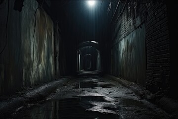 A dimly lit alley casts an eerie ambiance, showcasing water puddles that reflect the darkness., Old...