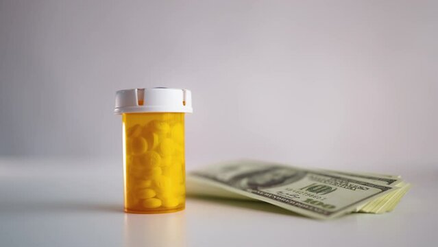 Medication bottle and money on desk, expensive medical bills, healthcare