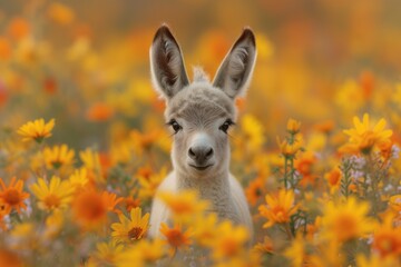 Donkey Foal Embraces Freedom in Flowery Field. Generative ai