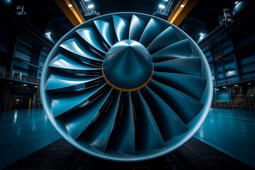 Jet Engine Turbine Blades Close-Up. Factory Assembly. Generative ai