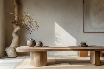 Fototapeta na wymiar Japandi furniture is a design aesthetic that seamlessly combines elements of Japanese minimalism with Scandinavian functionality, resulting in a harmonious and balanced interior style. 