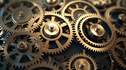 Abstract 3D gears and cogs turning in a synchronized motion