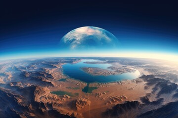 Witness the stunning beauty of a planet featuring an awe-inspiring lake at its center., Panoramic view on planet Earth globe from space, AI Generated