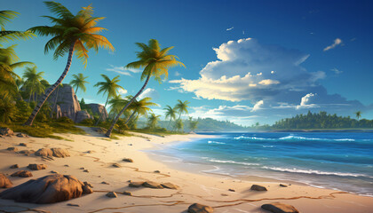 Tropical beach, turquoise sea water, ocean wave, yellow sand, green palms, sun blue sky, white clouds, beautiful seascape, 
