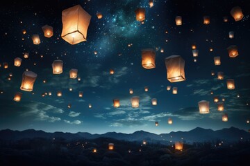 Witness the mesmerizing sight of a sky adorned with countless lanterns, gently soaring and carrying the hopes and dreams of all who set them free., paper lanterns floating in a night sky, AI Generated
