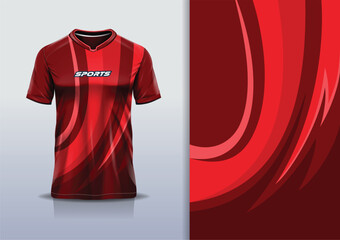 T-shirt mockup with abstract curve line jersey design for football, soccer, racing, esports, running, in red color © Nimpuna O