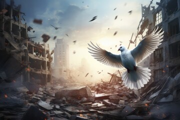 A white bird gracefully soars above a crumbling building in this striking image., Peace crisis concept, White Dove pigeons flying in front of collapsed buildings, sorrowful scenery right, AI Generated - Powered by Adobe