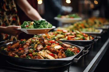 Obraz premium Witness a bustling buffet line as plates of delectable food are served, offering an array of flavors to satisfy every palate., People group catering buffet food indoor in restaurant, AI Generated