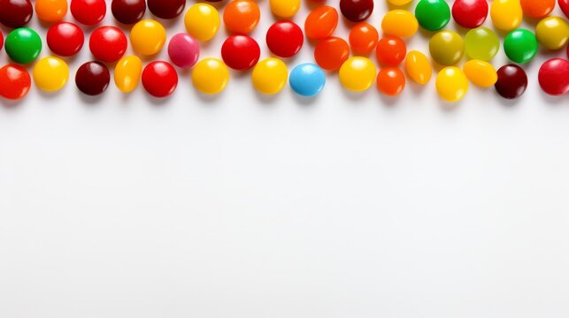 Skittles candy on white background texture wallpaper. Free space for text. Candy like skittles. YumEarth Organic Sour Giggles. Horizontal banner format
