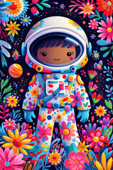Cute cartoon astronaut girl in space suit with flowers.