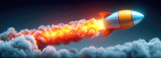 Naklejka na ściany i meble Cartoon rocket flying high in the sky. 