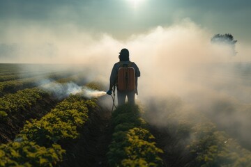 A man standing alone in a foggy field, holding a suitcase tightly as he gazes into the distance., person fumigating field with pesticide or insecticide, AI Generated